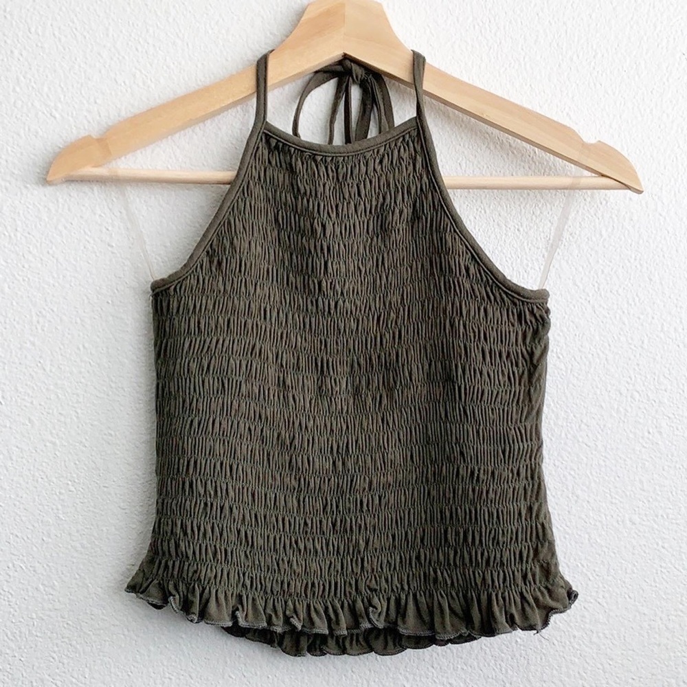 Full tilt Olive Smocked Halter Crop Top